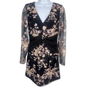 Self-Portrait Midnight Floral Mesh Mini Dress Long Sleeve Sequin Women Size 6